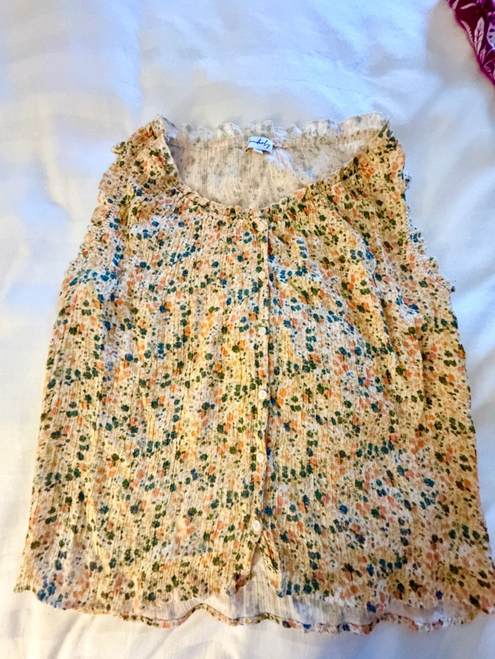 Smocked Floral Sleeveless Button-Front Top — Yellow Green Blue